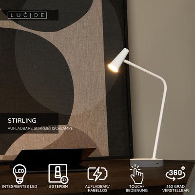 Lucide STIRLING - wiederaufladbare Schreibtischlampe - Akku/Batterie - LED 3 StepDim - 1x3W 2700K - Weiß